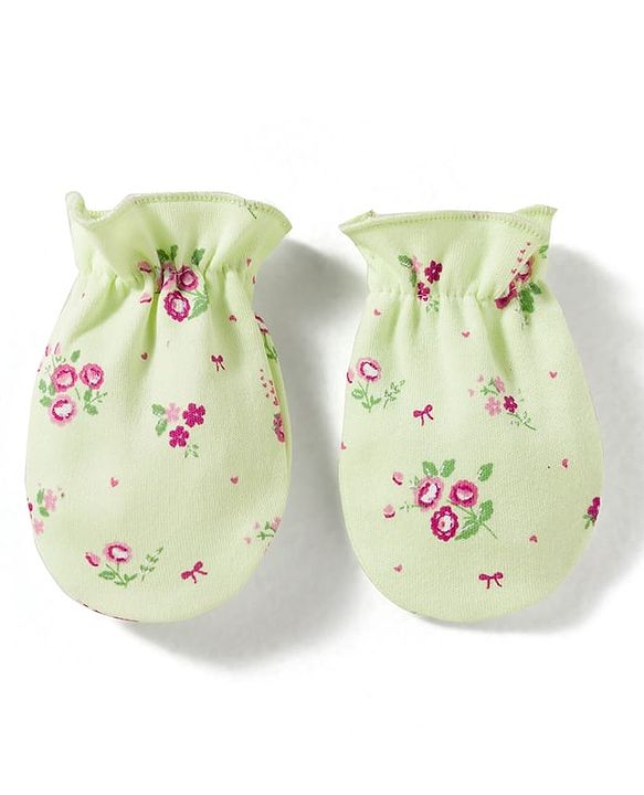 Babyhug 100% Cotton Interlock Knit Cap Mittens & Booties With Floral Print Multicolor - Diameter 13 cm