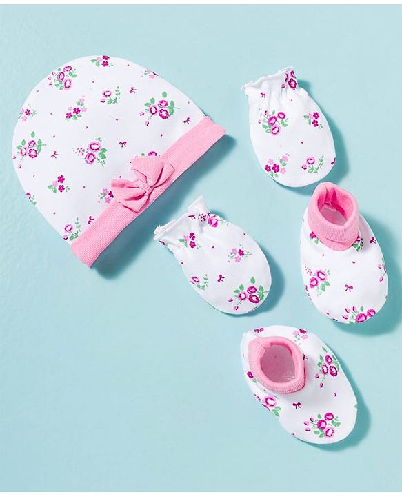 Babyhug 100% Cotton Knit Cap Mittens & Booties With Floral Print Multicolor - Diameter 9.5 cm