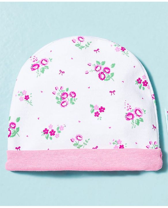 Babyhug 100% Cotton Knit Cap Mittens & Booties With Floral Print Multicolor - Diameter 9.5 cm