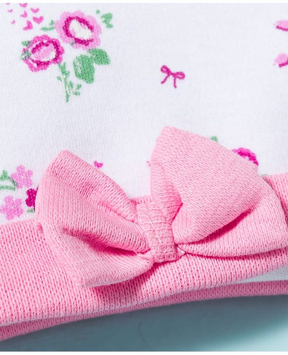 Babyhug 100% Cotton Knit Cap Mittens & Booties With Floral Print Multicolor - Diameter 9.5 cm