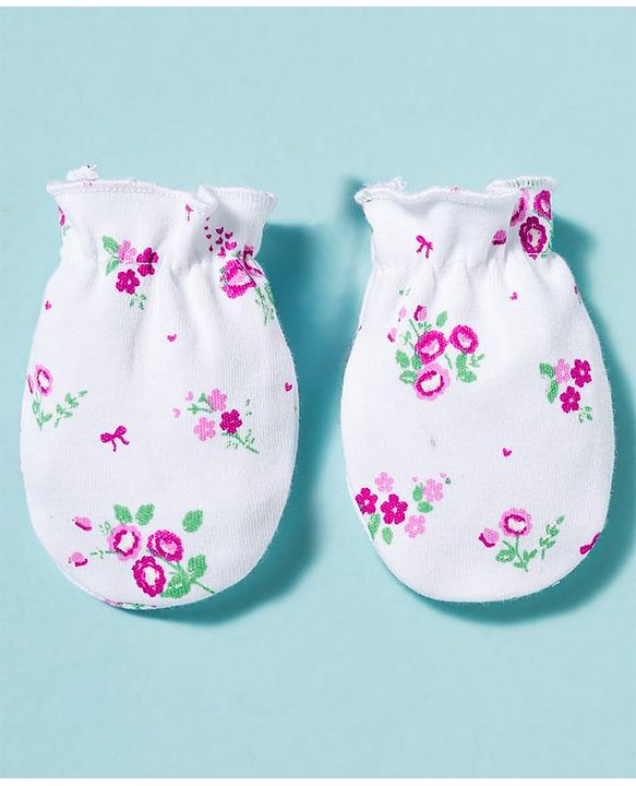 Babyhug 100% Cotton Knit Cap Mittens & Booties With Floral Print Multicolor - Diameter 9.5 cm