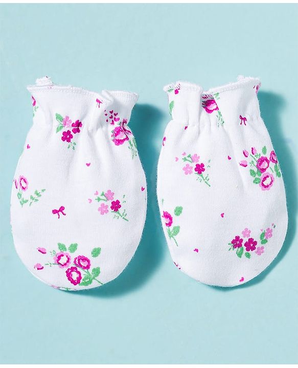Babyhug 100% Cotton Knit Cap Mittens & Booties With Floral Print Multicolor - Diameter 9.5 cm