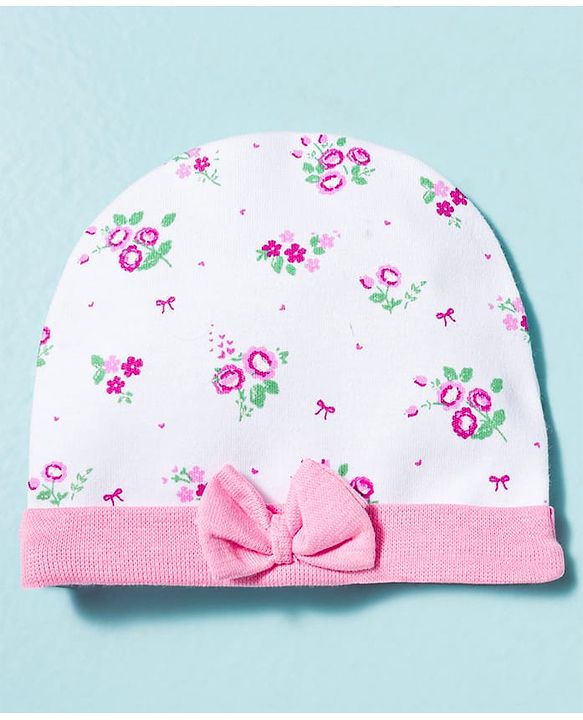 Babyhug 100% Cotton Knit Cap Mittens & Booties With Floral Print Multicolor - Diameter 9.5 cm