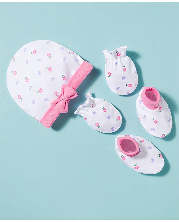 Babyhug 100% Cotton Knit Cap Mittens & Booties With Floral Print Multicolor - Diameter 9.5 cm