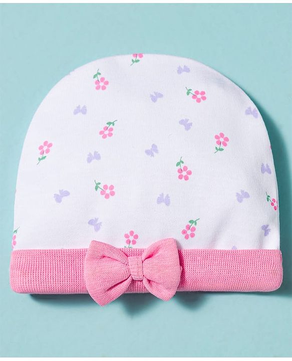 Babyhug 100% Cotton Knit Cap Mittens & Booties With Floral Print Multicolor - Diameter 9.5 cm