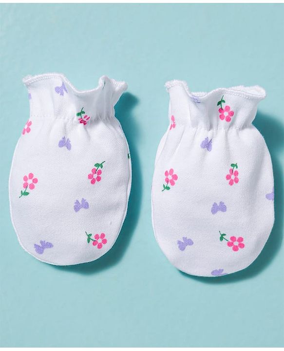 Babyhug 100% Cotton Knit Cap Mittens & Booties With Floral Print Multicolor - Diameter 9.5 cm