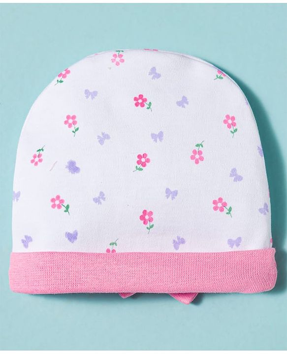 Babyhug 100% Cotton Knit Cap Mittens & Booties With Floral Print Multicolor - Diameter 9.5 cm