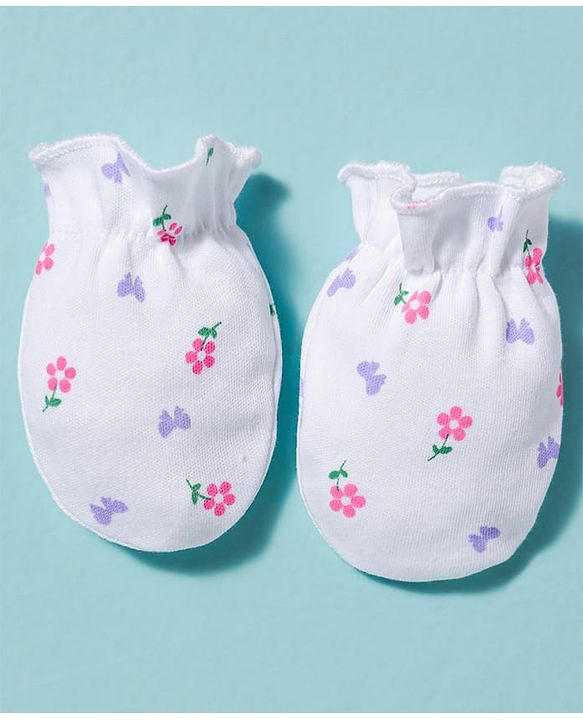 Babyhug 100% Cotton Knit Cap Mittens & Booties With Floral Print Multicolor - Diameter 9.5 cm