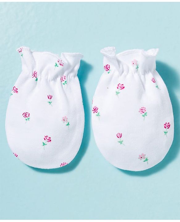 Babyhug 100% Cotton Knit Cap Mittens & Booties With Floral Print Multicolor - Diameter 9 cm