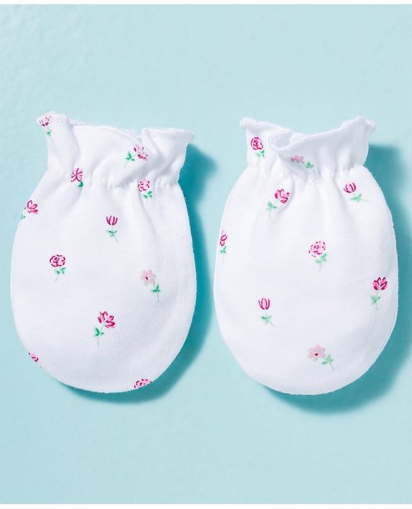 Babyhug 100% Cotton Knit Cap Mittens & Booties With Floral Print Multicolor - Diameter 9 cm
