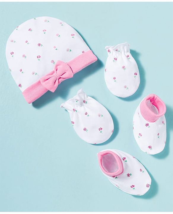 Babyhug 100% Cotton Knit Cap Mittens & Booties With Floral Print Multicolor - Diameter 9 cm