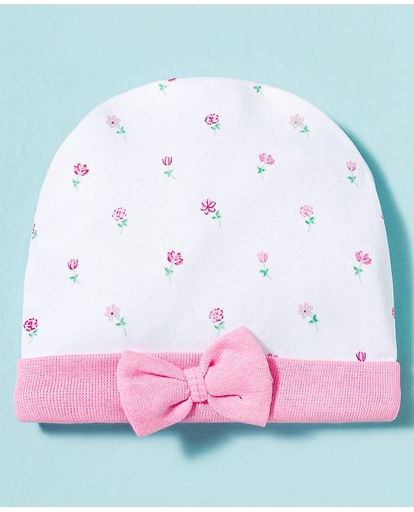 Babyhug 100% Cotton Knit Cap Mittens & Booties With Floral Print Multicolor - Diameter 9 cm