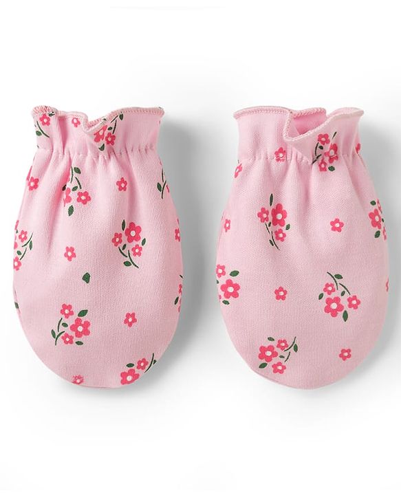 Babyhug 100% Cotton Knit Cap Mittens & Booties with Floral Print Multicolor - Diameter 15.5 cm