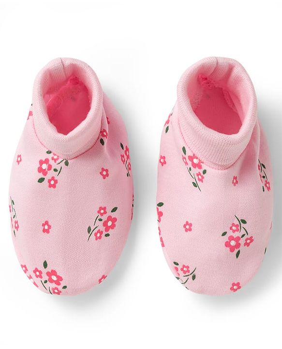 Babyhug 100% Cotton Knit Cap Mittens & Booties with Floral Print Multicolor - Diameter 15.5 cm