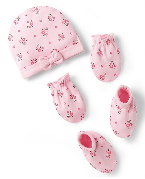 Babyhug 100% Cotton Knit Cap Mittens & Booties with Floral Print Multicolor - Diameter 15.5 cm