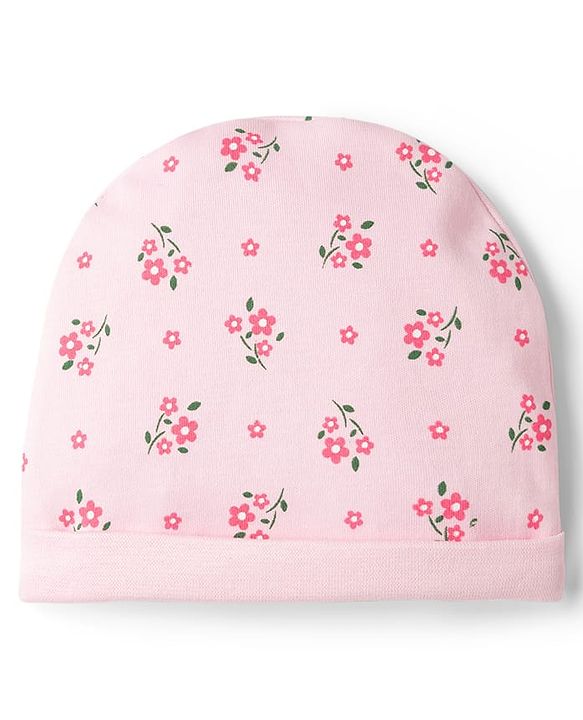 Babyhug 100% Cotton Knit Cap Mittens & Booties with Floral Print Multicolor - Diameter 15.5 cm