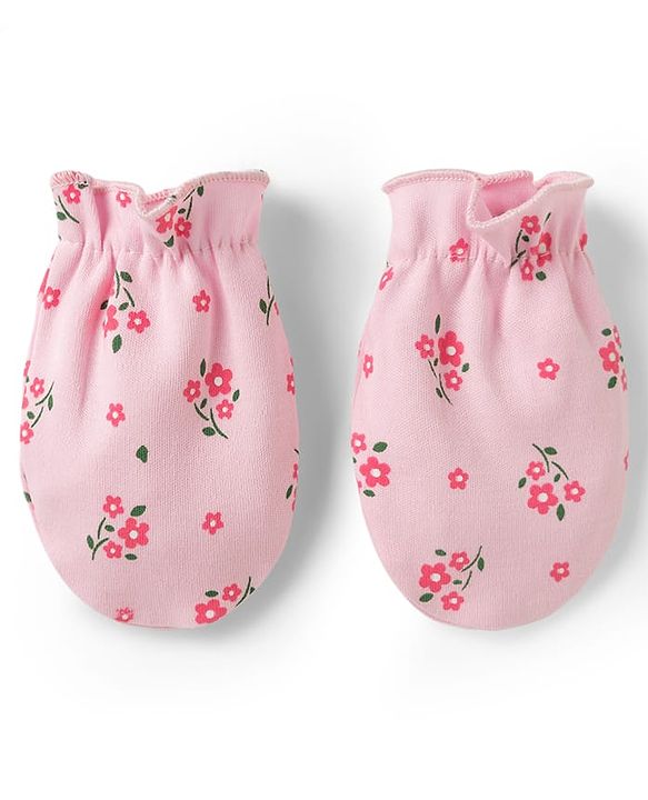Babyhug 100% Cotton Knit Cap Mittens & Booties with Floral Print Multicolor - Diameter 15.5 cm