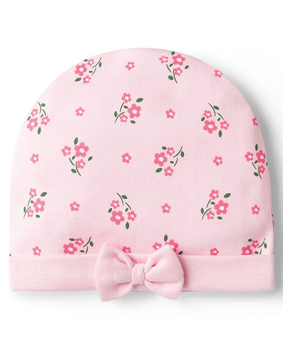 Babyhug 100% Cotton Knit Cap Mittens & Booties with Floral Print Multicolor - Diameter 15.5 cm