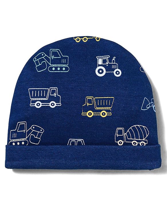 Babyhug 100% Cotton Knit Cap Mittens & Booties With Vehicle Print Multicolor - Diameter 16 cm