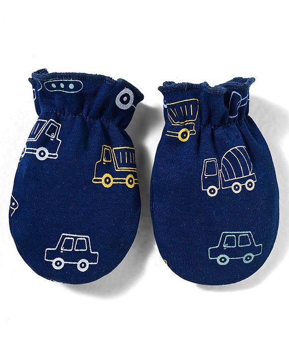 Babyhug 100% Cotton Knit Cap Mittens & Booties With Vehicle Print Multicolor - Diameter 16 cm