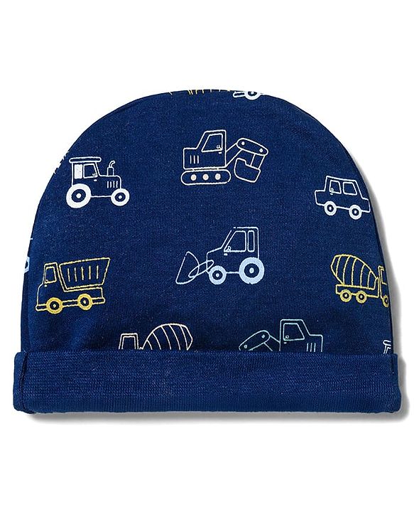 Babyhug 100% Cotton Knit Cap Mittens & Booties With Vehicle Print Multicolor - Diameter 16 cm