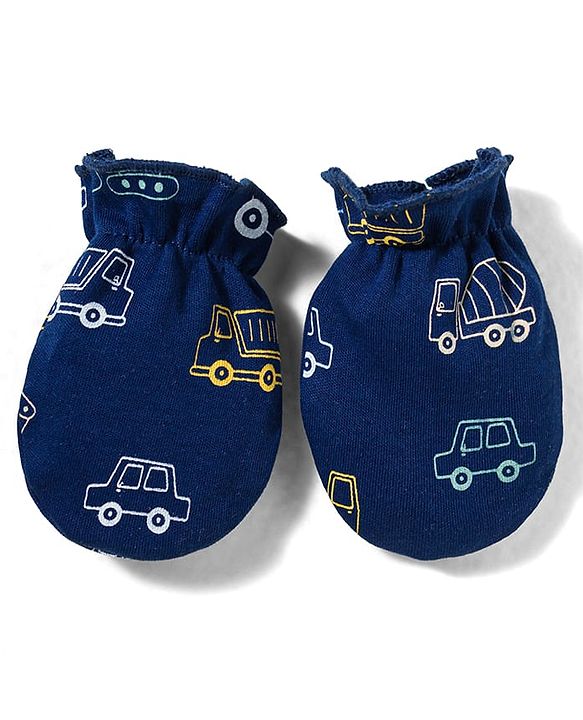Babyhug 100% Cotton Knit Cap Mittens & Booties With Vehicle Print Multicolor - Diameter 16 cm