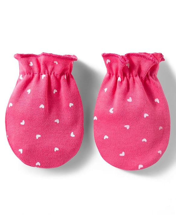 Babyhug 100% Cotton Knit Mittens & Booties With Heart Print - Multicolor