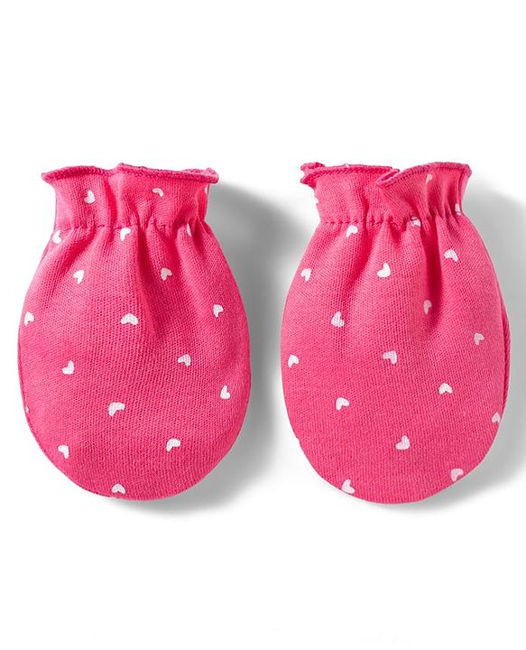 Babyhug 100% Cotton Knit Mittens & Booties With Heart Print - Multicolor
