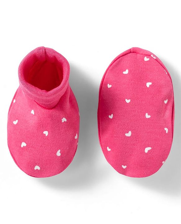 Babyhug 100% Cotton Knit Mittens & Booties With Heart Print - Multicolor