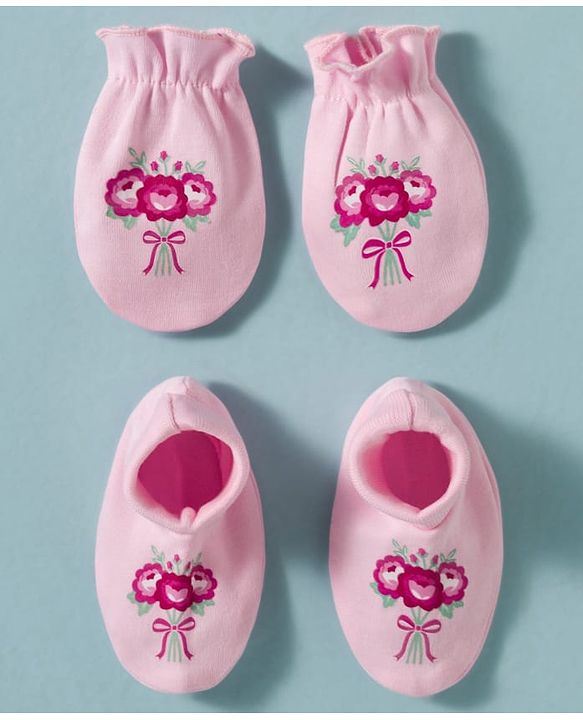 Babyhug 100% Cotton Knit Floral Printed Mittens & Booties Set - Pink
