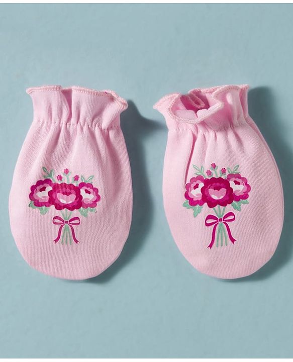 Babyhug 100% Cotton Knit Floral Printed Mittens & Booties Set - Pink