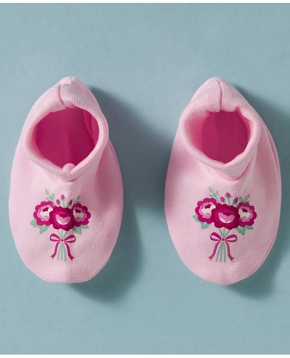 Babyhug 100% Cotton Knit Floral Printed Mittens & Booties Set - Pink
