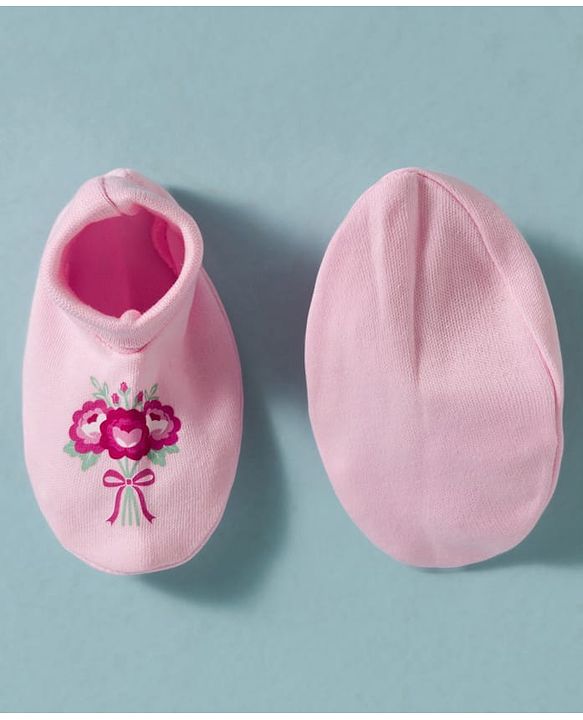 Babyhug 100% Cotton Knit Floral Printed Mittens & Booties Set - Pink