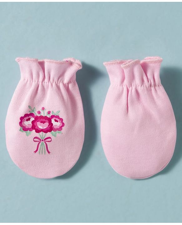 Babyhug 100% Cotton Knit Floral Printed Mittens & Booties Set - Pink