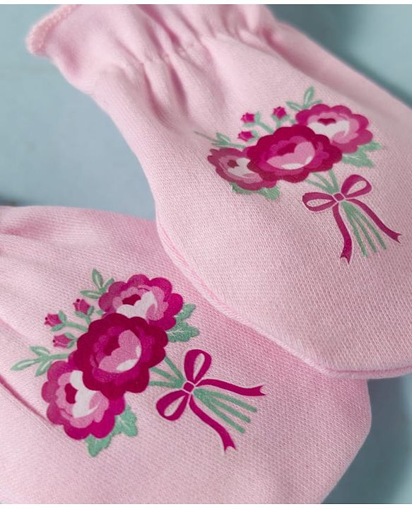 Babyhug 100% Cotton Knit Floral Printed Mittens & Booties Set - Pink