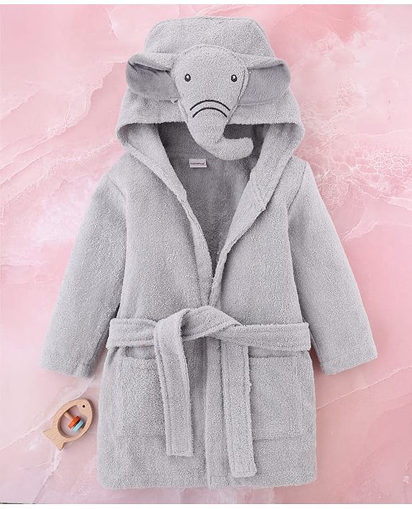 Babyhug Terry Knit Full Sleeves  Hooded Bath Robe With Elephant Applique - Grey