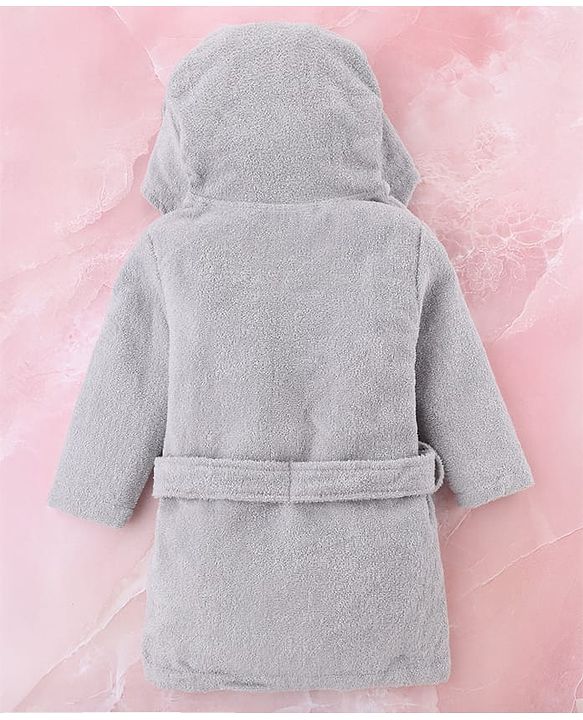 Babyhug Terry Knit Full Sleeves  Hooded Bath Robe With Elephant Applique - Grey