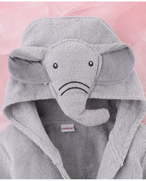 Babyhug Terry Knit Full Sleeves  Hooded Bath Robe With Elephant Applique - Grey