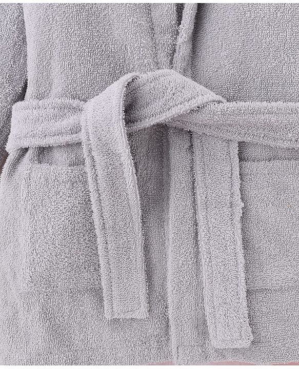 Babyhug Terry Knit Full Sleeves  Hooded Bath Robe With Elephant Applique - Grey