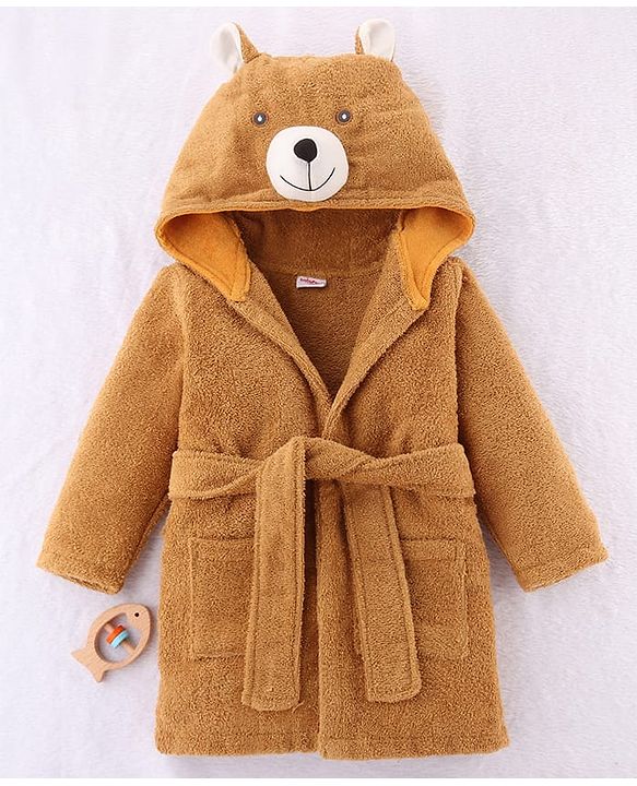 Babyhug Knit Terry Unisex Bath Robe With Fox Hood - Brown