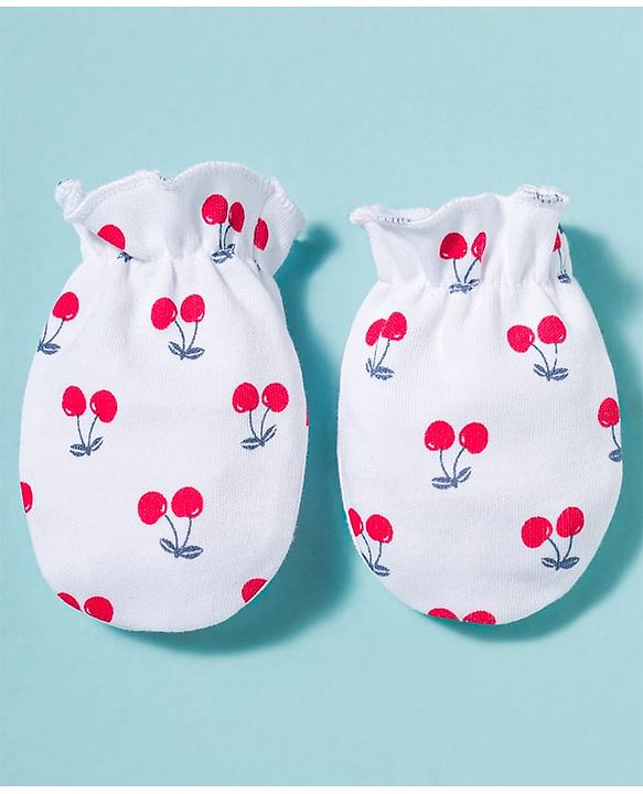 Babyhug 100% Cotton Knit Mittens & Booties With Cherry Print - Multicolor