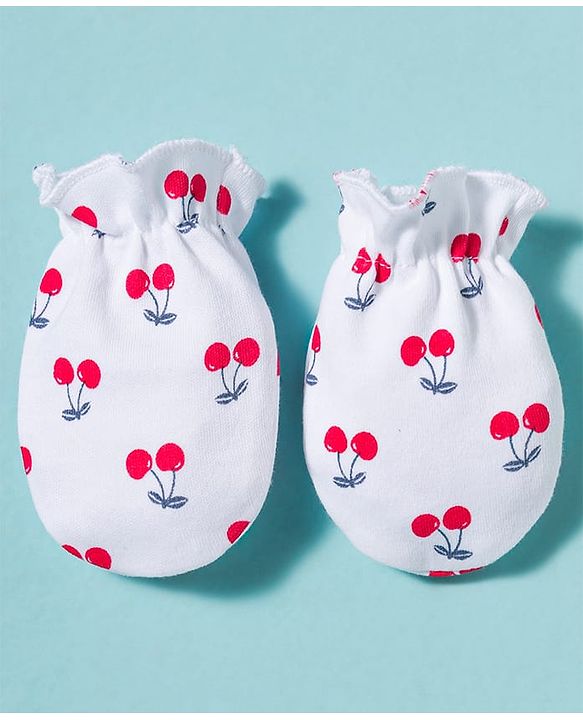 Babyhug 100% Cotton Knit Mittens & Booties With Cherry Print - Multicolor