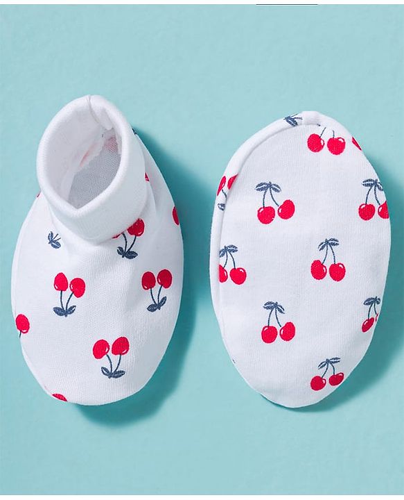 Babyhug 100% Cotton Knit Mittens & Booties With Cherry Print - Multicolor