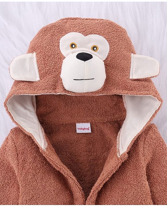 Babyhug Knit Terry Unisex Bath Robe With Monkey Hood - Brown