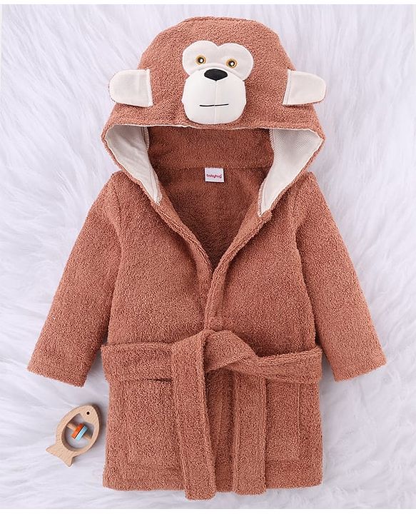 Babyhug Knit Terry Unisex Bath Robe With Monkey Hood - Brown