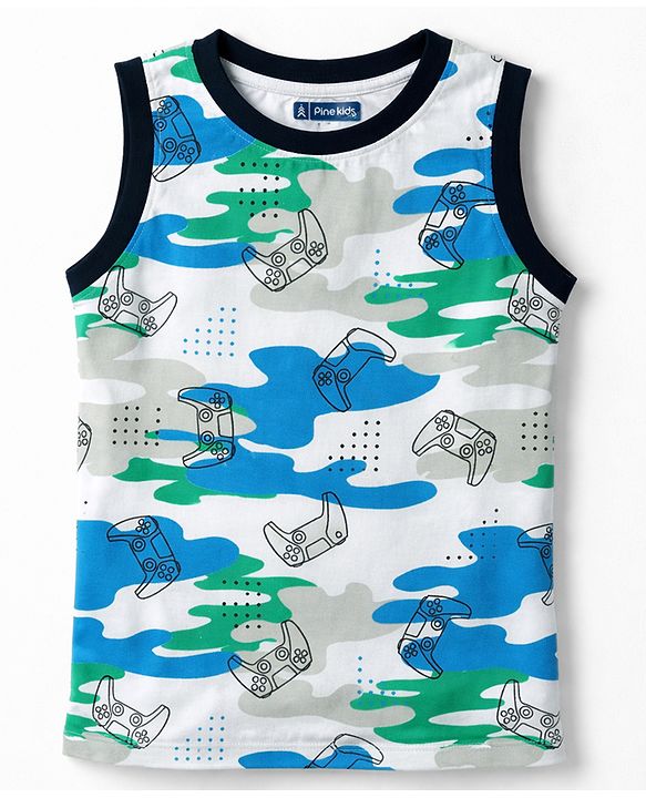 Pine Kids Cotton Knit Sleeveless T-Shirt & Shorts Co-ord Night Suit with Controller & Camouflage Print - White