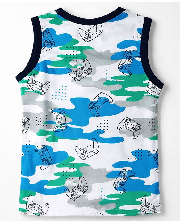 Pine Kids Cotton Knit Sleeveless T-Shirt & Shorts Co-ord Night Suit with Controller & Camouflage Print - White
