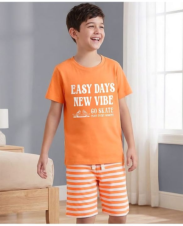 Pine Kids Cotton Knit Half Sleeves Text Printed T-Shirt & Striped Shorts Night Suit - Orange