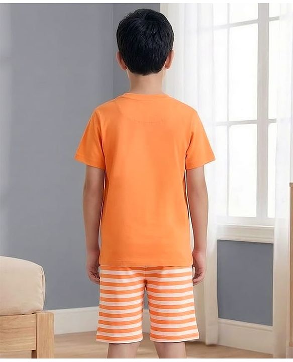 Pine Kids Cotton Knit Half Sleeves Text Printed T-Shirt & Striped Shorts Night Suit - Orange