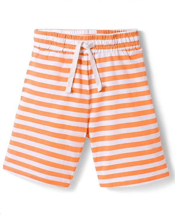 Pine Kids Cotton Knit Half Sleeves Text Printed T-Shirt & Striped Shorts Night Suit - Orange